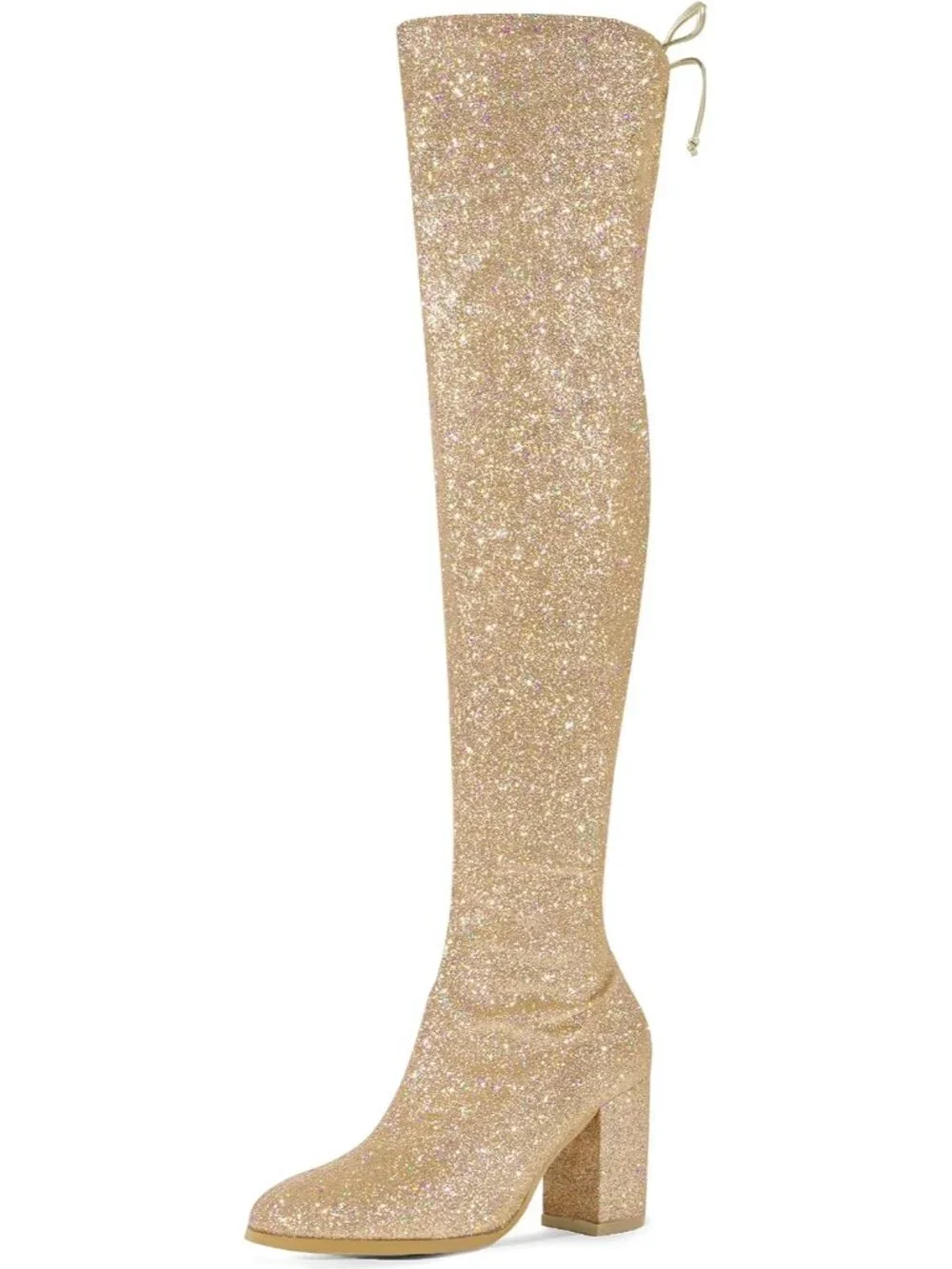 Women's Gold Round Toe Chunky Heel Lace Up Synthetic Over The Knee High Boots